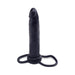 Black dual-ring strap-on dildo with realistic shaft and tapered tip for enhanced comfort and performance.