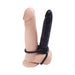 Dual-penis strap-on with black and flesh-tone shafts connected by two black rings for enhanced performance and comfort.