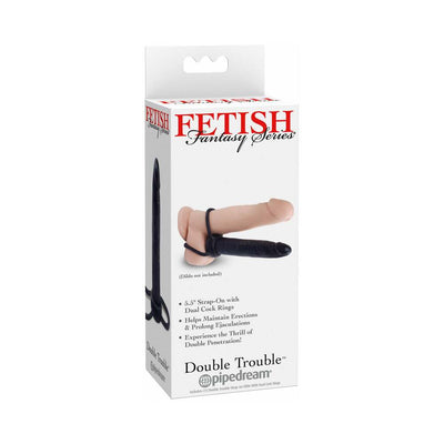 Packaging box for Fetish Fantasy Series Double Trouble dual pleasure strap-on with dual cock rings, designed for enhanced performance and comfort.