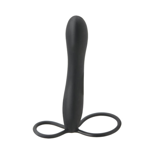 Black dual-ring strap-on dildo with smooth tapered silicone shaft for enhanced pleasure and secure fit.