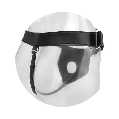 Black heavy duty adjustable strap-on harness displayed on a clear mannequin hip.