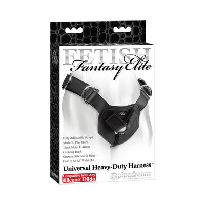 Fetish Fantasy Elite Universal Heavy Duty Harness in black with adjustable straps and silicone O-ring shown on packaging.