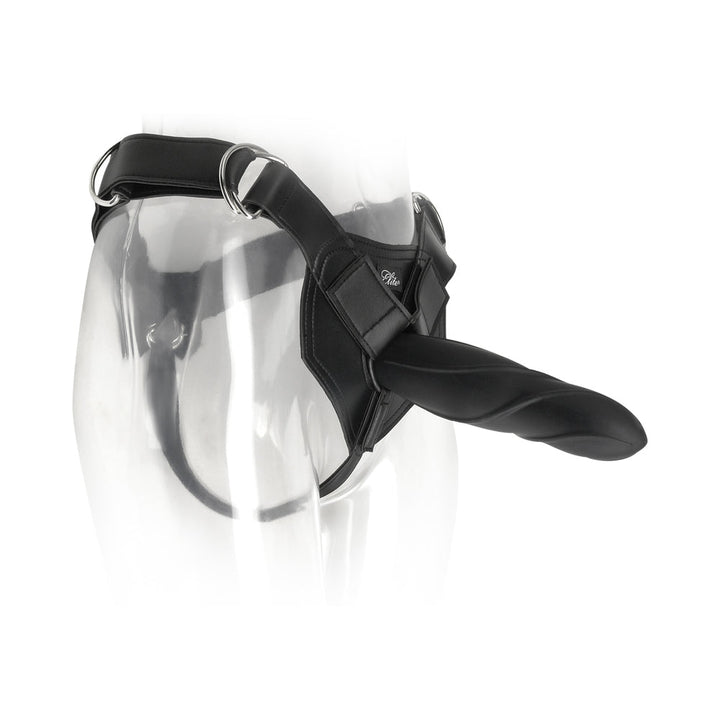 Black heavy duty adjustable strap-on harness displayed on a clear mannequin with a silicone O-ring attachment.