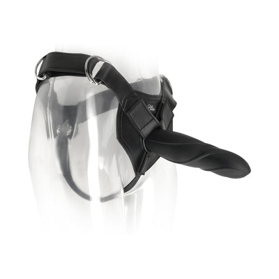 Black heavy duty adjustable strap-on harness displayed on a clear mannequin with a silicone O-ring attachment.