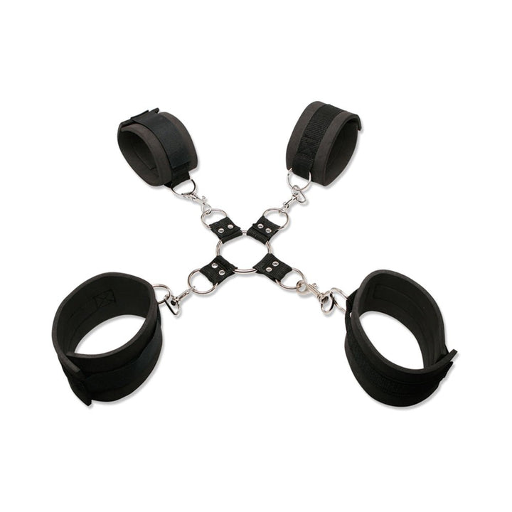Black neoprene wrist and ankle cuffs connected by metal rings and clips forming an adjustable hogtie restraint kit.