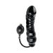 Black inflatable ribbed dildo with attached pump bulb and release valve for adjustable girth expansion.