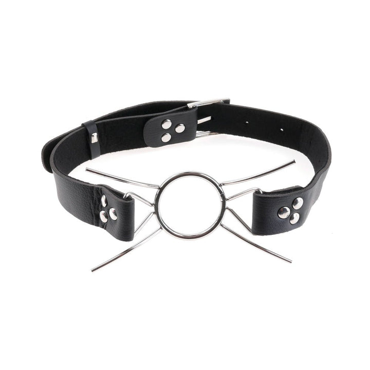 Black leather strap gag with a central steel ring and four curved metal bars extending outward.