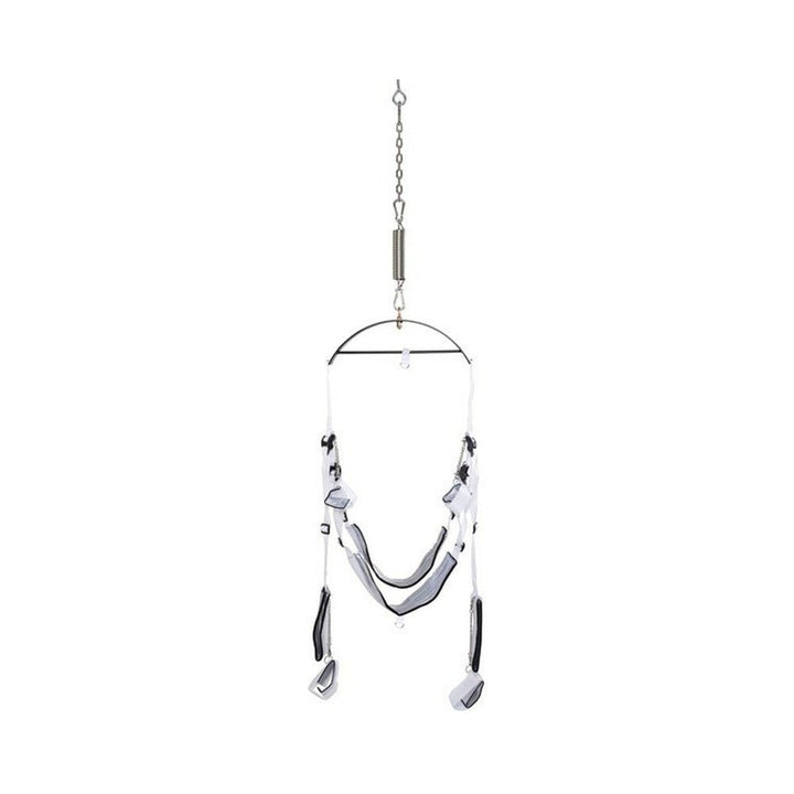 White adjustable bondage swing with metal chains, wrist and ankle cuffs, and hanging support chain.