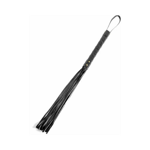 Black 20-inch flogger with soft leather tresses and wrapped handle featuring a wrist loop for grip.
