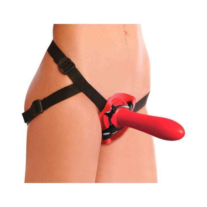 Red beginner strap-on set with adjustable black nylon harness worn on hips
