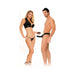 Couple modeling black vibrating hollow strap-on with remote control, woman in black lingerie and man wearing the strap-on.