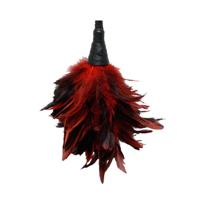 Soft red and black feather duster with a wrapped black handle for playful cleaning and dusting.