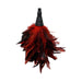 Soft red and black feather duster with a wrapped black handle for playful cleaning and dusting.