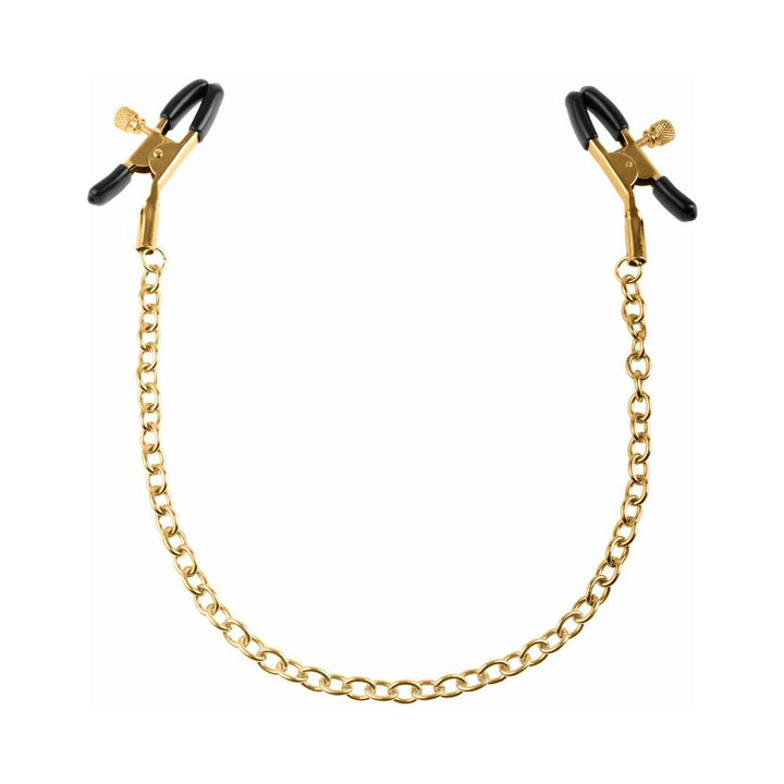 Gold chain nipple clamps with adjustable black rubber-lined tips for comfortable, customizable pressure.