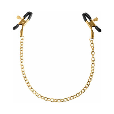 Gold chain nipple clamps with adjustable black rubber-lined tips for comfortable, customizable pressure.