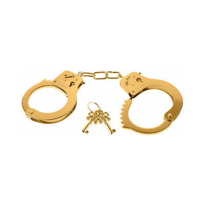 Gold metal handcuffs with a short chain and three matching gold keys on a white background.