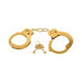 Gold metal handcuffs with a short chain and three matching gold keys on a white background.
