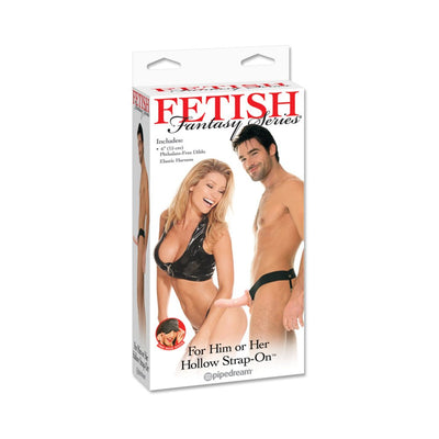 Packaging of Fetish Fantasy Hollow Strap-On featuring a smiling couple, highlighting a 6-inch phthalate-free dildo with elastic harness.