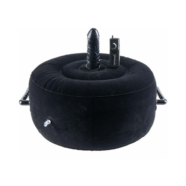 Black inflatable seat with a firm textured center and attached remote control for adjustable vibration settings.