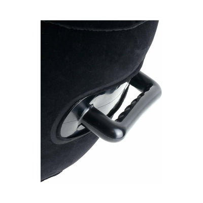Close-up of black inflatable hot seat showing textured grip handle detail on soft flocked surface.
