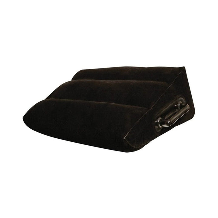 Black inflatable wedge pillow with flocked surface and side handles for support and stability.