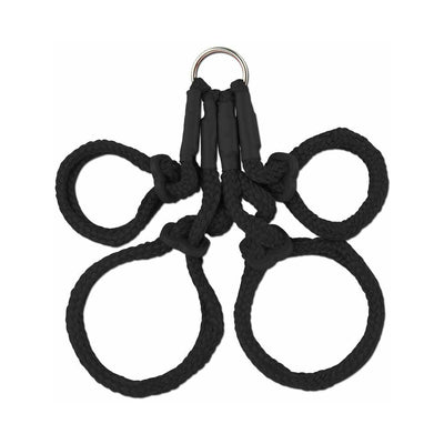 Black Japanese silk rope hogtie with four adjustable loops connected by a metal ring for secure restraint.