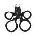Black Japanese silk rope hogtie with four adjustable loops connected by a metal ring for secure restraint.