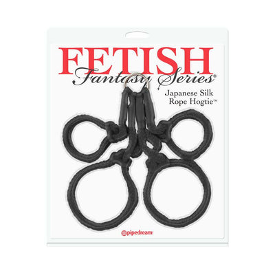 Fetish Fantasy Series Japanese Silk Rope Hogtie in black packaging with four soft, adjustable silk rope cuffs.