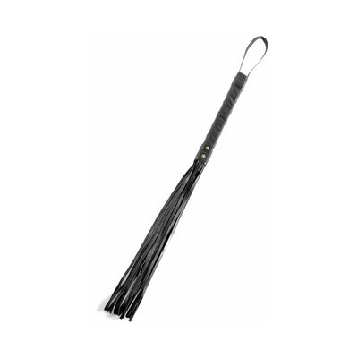 Black leather cat o nine tails whip with multiple tails and a wrapped handle with wrist loop.