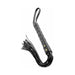 Black leather cat o nine tails whip with multiple tails and a looped handle for grip.