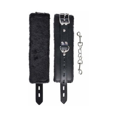 Black faux fur-lined cuffs with adjustable buckle straps and a metal chain connector for secure restraint play.