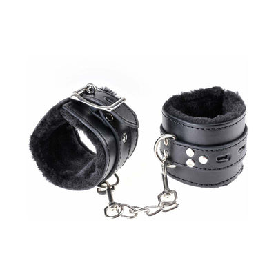Black faux fur-lined leather cuffs connected by a sturdy silver chain and buckle closures for secure restraint.