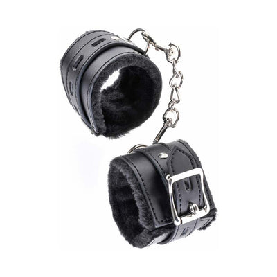 Black faux fur-lined leather cuffs connected by a metal chain with buckle closures for secure restraint.