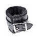 Black faux leather cuff with soft plush lining and silver buckle closure for comfortable restraint.