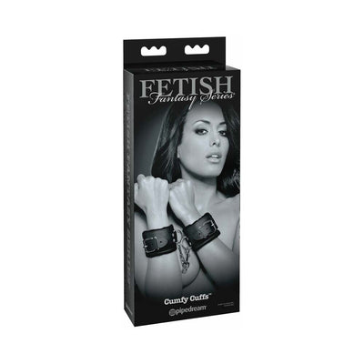 Packaging of Fetish Fantasy Limited Edition Cumfy Cuffs in black with image of a woman wearing soft faux fur-lined wrist restraints.