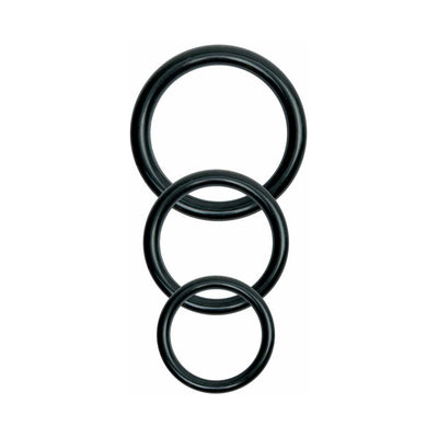 Set of three black silicone O-rings in varying sizes for strap-on harness compatibility and secure fit.