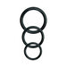 Set of three black silicone O-rings in varying sizes for strap-on harness compatibility and secure fit.