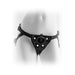 Black adjustable vibrating plush strap-on harness displayed on a mannequin torso.