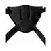 Black plush strap-on harness with adjustable nylon straps and padded front panel for comfort.