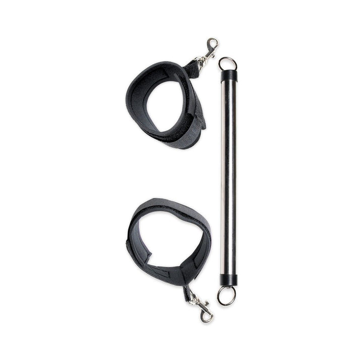 Black adjustable ankle cuffs with soft lining and a sleek metal spreader bar for secure positioning.