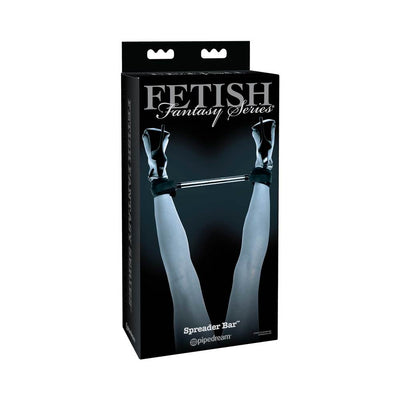Ffetish Fantasy Series black metal spreader bar with adjustable ankle cuffs shown on product packaging.