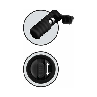 Black silicone vibrating nipple lasso with adjustable tension bead and close-up of the on/off switch.