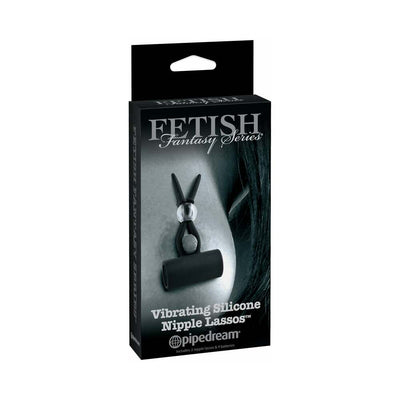 Packaging of Fetish Fantasy Series Vibrating Silicone Nipple Lassos in black with product image and branding.