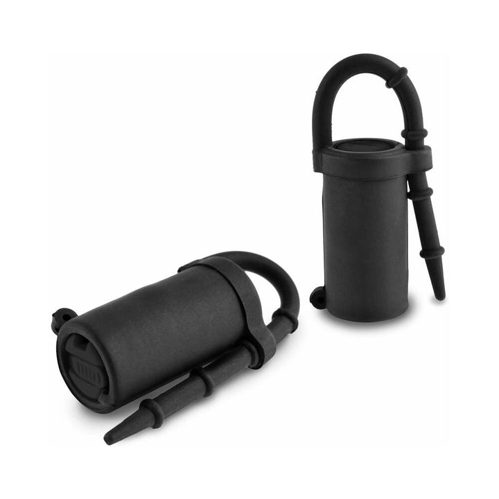 Pair of black silicone vibrating nipple teazers with adjustable loops and compact design on white background.