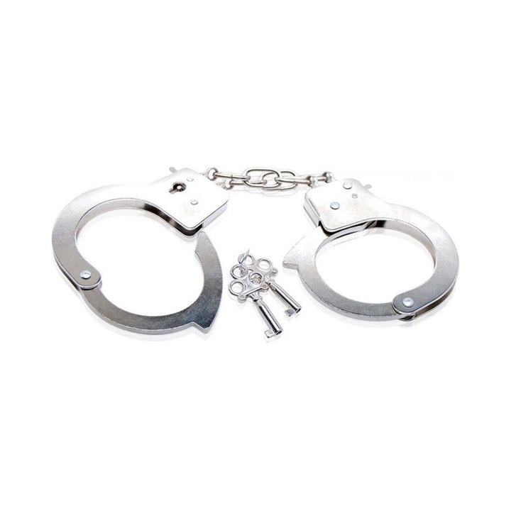 Silver metal handcuffs with two small keys on a white background, designed for secure restraint play.