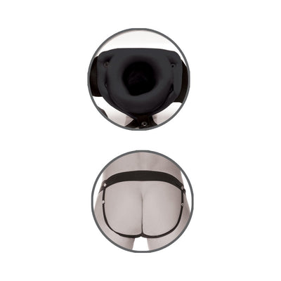 Close-up of black hollow strap-on insert and rear view of adjustable elastic harness worn on hips.