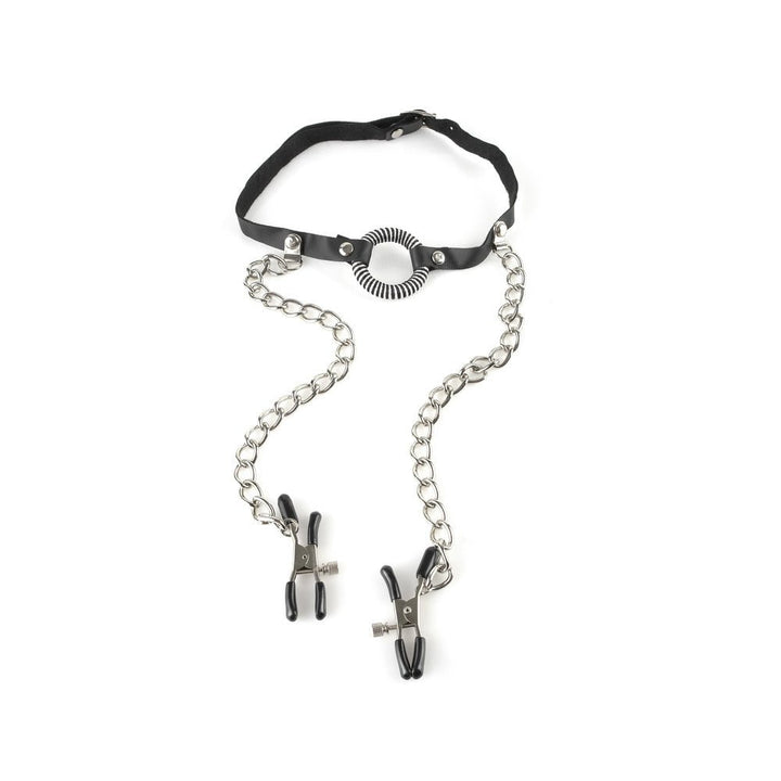 Black leather O-ring gag with adjustable straps and attached silver nipple clamps connected by chains.