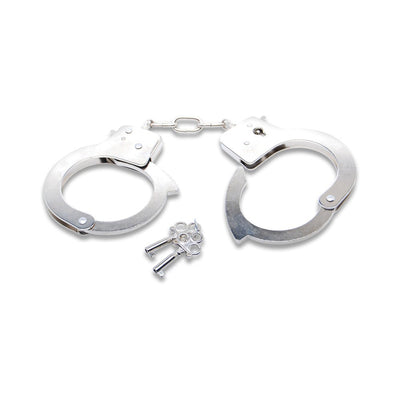 Nickel-plated steel handcuffs with two small keys on a white background, ideal for costumes or role play.