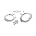 Nickel-plated steel handcuffs with two small keys on a white background, ideal for costumes or role play.