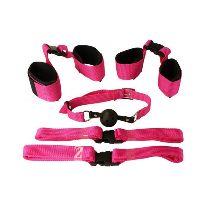 Pink nylon bondage kit with adjustable wrist and ankle cuffs, ball gag, and connecting straps.